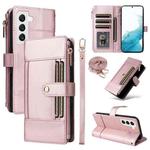 For Samsung Galaxy S22 5G Crossbody Strap RFID Blocking Zipper Wallet Leather Phone Case(Rose Gold)