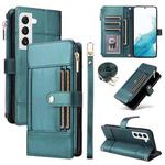 For Samsung Galaxy S22 5G Crossbody Strap RFID Blocking Zipper Wallet Leather Phone Case(Green)