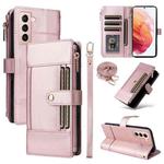 For Samsung Galaxy S21 5G Crossbody Strap RFID Blocking Zipper Wallet Leather Phone Case(Rose Gold)