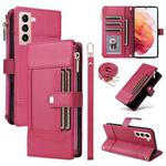 For Samsung Galaxy S21 5G Crossbody Strap RFID Blocking Zipper Wallet Leather Phone Case(Red)