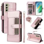 For Samsung Galaxy S21 FE 5G Crossbody Strap RFID Blocking Zipper Wallet Leather Phone Case(Rose Gold)