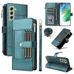 For Samsung Galaxy S21 FE 5G Crossbody Strap RFID Blocking Zipper Wallet Leather Phone Case(Green)
