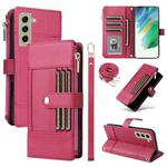 For Samsung Galaxy S21 FE 5G Crossbody Strap RFID Blocking Zipper Wallet Leather Phone Case(Red)