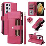 For Samsung Galaxy S21 Ultra 5G Crossbody Strap RFID Blocking Zipper Wallet Leather Phone Case(Red)