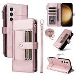 For Samsung Galaxy S23+ 5G Crossbody Strap RFID Blocking Zipper Wallet Leather Phone Case(Rose Gold)