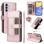 For Samsung Galaxy A15 5G Crossbody Strap RFID Blocking Zipper Wallet Leather Phone Case(Rose Gold)