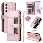 For Samsung Galaxy A55 5G Crossbody Strap RFID Blocking Zipper Wallet Leather Phone Case(Rose Gold)
