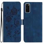 For Samsung Galaxy S20 5G Rose Flower Embossing Pattern Leather Phone Case(Dark Blue)