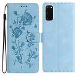 For Samsung Galaxy S20 5G Rose Flower Embossing Pattern Leather Phone Case(Sky Blue)