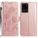 For Samsung Galaxy S20 Ultra 5G Rose Flower Embossing Pattern Leather Phone Case(Rose Gold)