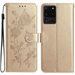 For Samsung Galaxy S20 Ultra 5G Rose Flower Embossing Pattern Leather Phone Case(Gold)