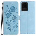 For Samsung Galaxy S20 Ultra 5G Rose Flower Embossing Pattern Leather Phone Case(Sky Blue)