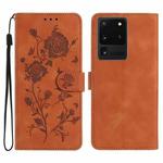 For Samsung Galaxy S20 Ultra 5G Rose Flower Embossing Pattern Leather Phone Case(Brown)
