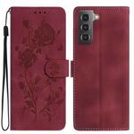 For Samsung Galaxy S21+ 5G Rose Flower Embossing Pattern Leather Phone Case(Red)