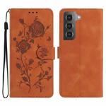 For Samsung Galaxy S21+ 5G Rose Flower Embossing Pattern Leather Phone Case(Brown)