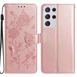For Samsung Galaxy S21 Ultra 5G Rose Flower Embossing Pattern Leather Phone Case(Rose Gold)