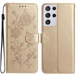 For Samsung Galaxy S21 Ultra 5G Rose Flower Embossing Pattern Leather Phone Case(Gold)