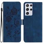 For Samsung Galaxy S21 Ultra 5G Rose Flower Embossing Pattern Leather Phone Case(Dark Blue)