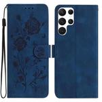 For Samsung Galaxy S22 Ultra 5G Rose Flower Embossing Pattern Leather Phone Case(Dark Blue)