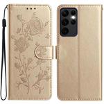 For Samsung Galaxy S23 Ultra 5G Rose Flower Embossing Pattern Leather Phone Case(Gold)