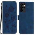 For Samsung Galaxy S23 Ultra 5G Rose Flower Embossing Pattern Leather Phone Case(Dark Blue)