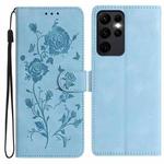 For Samsung Galaxy S23 Ultra 5G Rose Flower Embossing Pattern Leather Phone Case(Sky Blue)