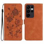 For Samsung Galaxy S23 Ultra 5G Rose Flower Embossing Pattern Leather Phone Case(Brown)