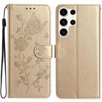 For Samsung Galaxy S25 Ultra 5G Rose Flower Embossing Pattern Leather Phone Case(Gold)