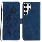 For Samsung Galaxy S25 Ultra 5G Rose Flower Embossing Pattern Leather Phone Case(Dark Blue)