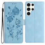 For Samsung Galaxy S25 Ultra 5G Rose Flower Embossing Pattern Leather Phone Case(Sky Blue)