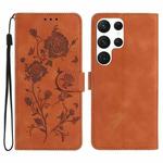 For Samsung Galaxy S25 Ultra 5G Rose Flower Embossing Pattern Leather Phone Case(Brown)