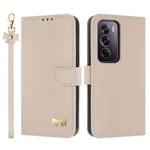 For OPPO Reno12 Pro 5G Metal Bow Leather Phone Case with Hand Strap(Apricot)