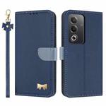 For OPPO A5 5G Global / A3 4G Global Metal Bow Leather Phone Case with Hand Strap(Dark Blue)