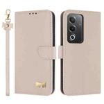 For OPPO A5 5G Global / A3 4G Global Metal Bow Leather Phone Case with Hand Strap(Apricot)
