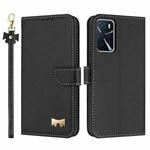 For OPPO A16 Metal Bow Leather Phone Case with Hand Strap(Black)