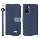 For OPPO A36 4G / A76 / A96 Metal Bow Leather Phone Case with Hand Strap(Dark Blue)