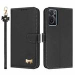For OPPO A36 4G / A76 / A96 Metal Bow Leather Phone Case with Hand Strap(Black)
