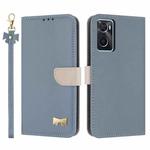 For OPPO A36 4G / A76 / A96 Metal Bow Leather Phone Case with Hand Strap(Light Blue)