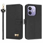 For OPPO A40 4G Global / A60 Metal Bow Leather Phone Case with Hand Strap(Black)