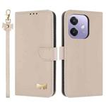 For OPPO A40 4G Global / A60 Metal Bow Leather Phone Case with Hand Strap(Apricot)