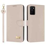 For OPPO A55s 5G Japan Metal Bow Leather Phone Case with Hand Strap(Apricot)