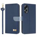 For OPPO A58 4G Global Metal Bow Leather Phone Case with Hand Strap(Dark Blue)