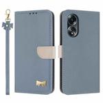 For OPPO A58 4G Global Metal Bow Leather Phone Case with Hand Strap(Light Blue)