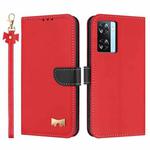 For OPPO A77 4G / A57 4G Global Metal Bow Leather Phone Case with Hand Strap(Red)