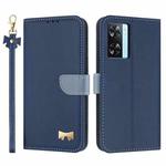 For OPPO A77 4G / A57 4G Global Metal Bow Leather Phone Case with Hand Strap(Dark Blue)