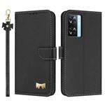 For OPPO A77 4G / A57 4G Global Metal Bow Leather Phone Case with Hand Strap(Black)
