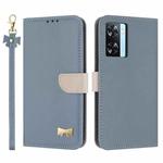 For OPPO A77 4G / A57 4G Global Metal Bow Leather Phone Case with Hand Strap(Light Blue)