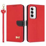 For OPPO Reno12 5G Global Metal Bow Leather Phone Case with Hand Strap(Red)