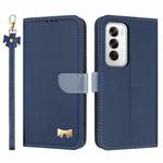 For OPPO Reno12 5G Global Metal Bow Leather Phone Case with Hand Strap(Dark Blue)