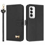 For OPPO Reno12 5G Global Metal Bow Leather Phone Case with Hand Strap(Black)